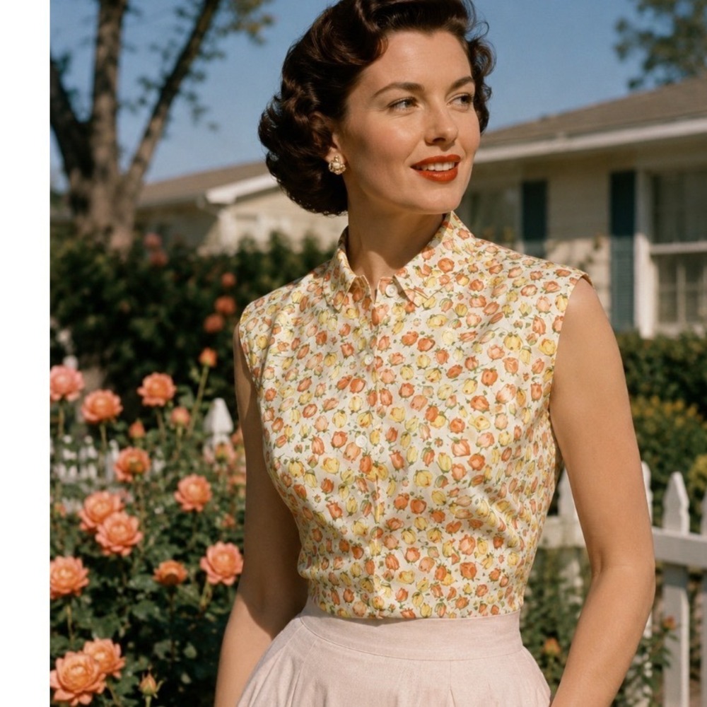 50's‎ McMullen shirt Vtg Sleeveless Button Down Orange Rose Bud Floral Sz L